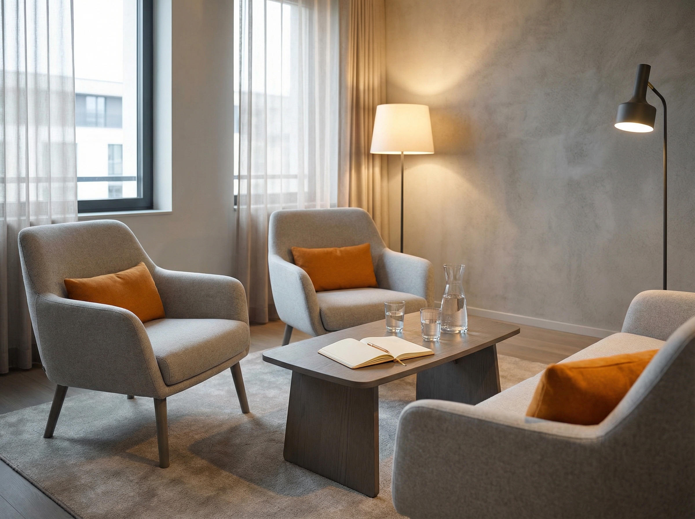 Coaching-Raum mit orangenen Kissen und Lampe — Führungskräfte-Coaching bei Marakanda