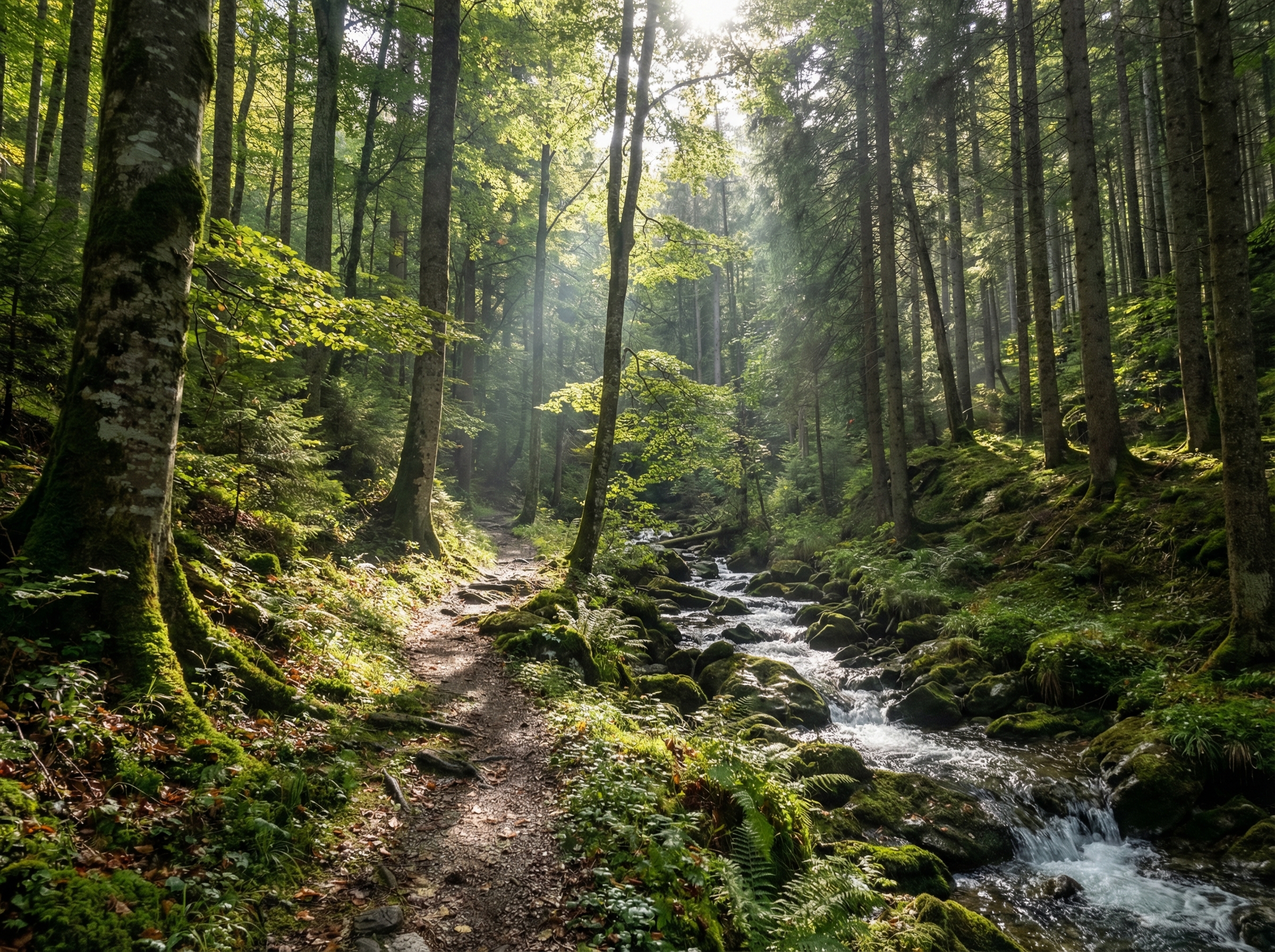 Waldweg mit Bach und Sonnenlicht durch Baeume — Naturcoaching bei Marakanda